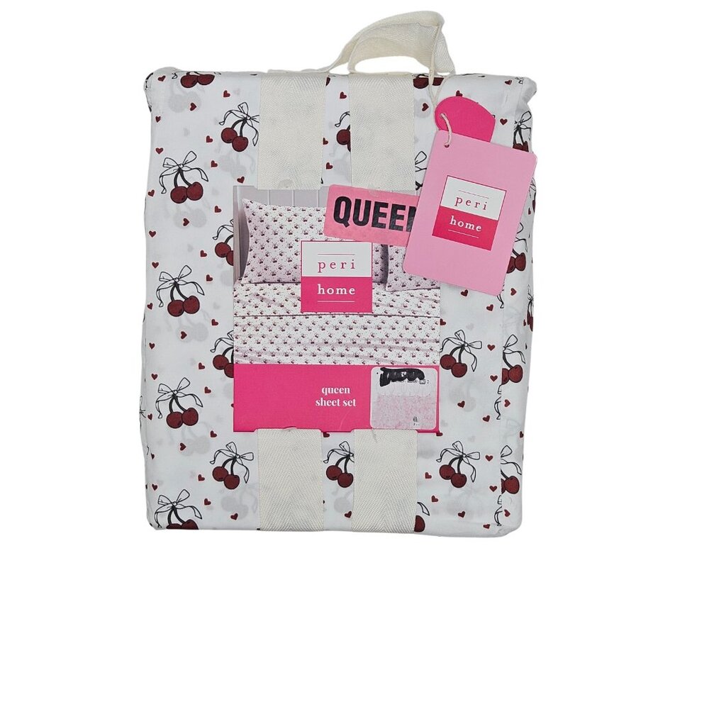 Peri Home Cherries Hearts Valentine's Day 4 Piece Sheet Set Queen